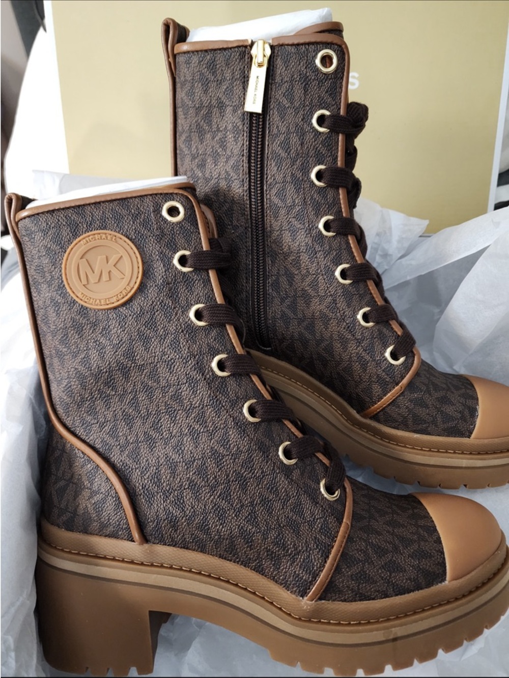 Michael Kors Brown/ Tan MK Logo Lug Heel Combat Boots